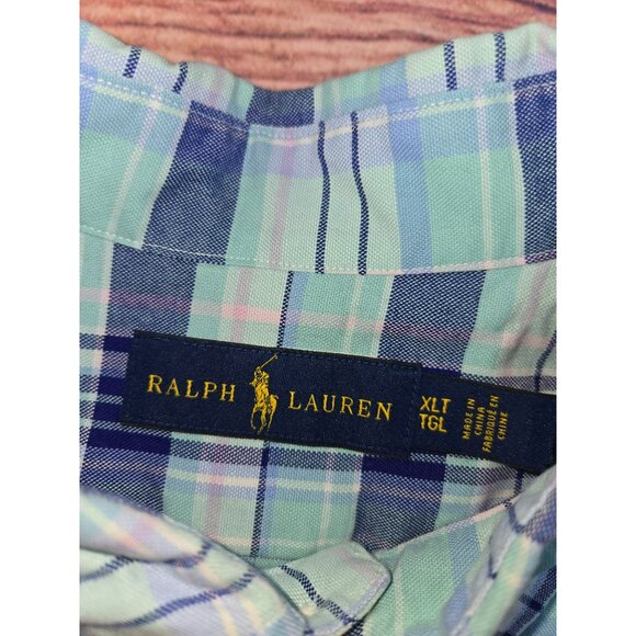 Ralph Lauren Mens XLT Button-Down Plaid Shirt Blue Green Cotton Long Sleeve - Picture 5 of 8